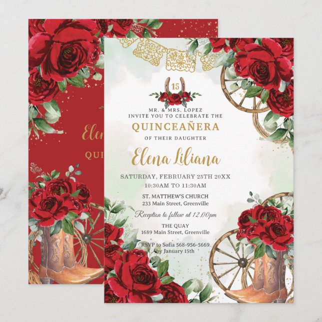 Red Roses Floral Charro Boots Sweet 16 Quinceañera Invitation (Front/Back)