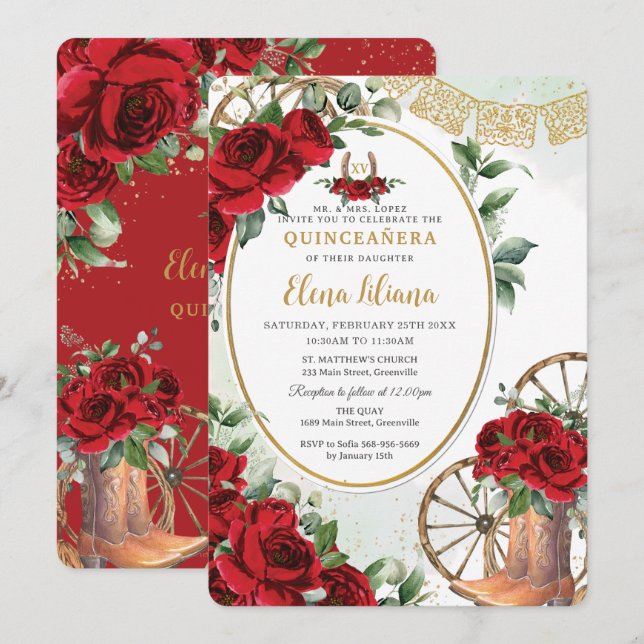 Red Roses Floral Charro Boots Sweet 16 Quinceañera Invitation (Front/Back)