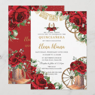 Red Roses Floral Charro Boots Sweet 16 Quinceañera Invitation