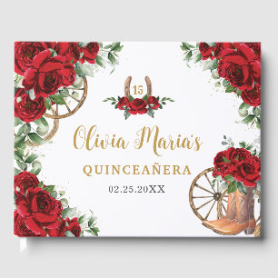 Red Roses Floral Charro Cowboy Boots Quinceanera Guest Book