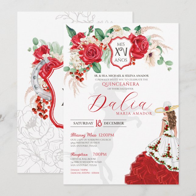 Red Roses Floral Crest Elegant Charra Quinceanera Invitation (Front/Back)