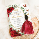 Red Roses Floral Dress Gold Quinceañera Sweet 16 Invitation<br><div class="desc">Personalise this pretty red floral Quinceañera / Sweet 16 birthday invitation easily and quickly. Simply click the customise it further button to edit the texts, change fonts and fonts colours. Featuring a girl dressed in a beautiful glittery red ball gown, vibrant red roses, butterflies and a gold trimmed oval space...</div>
