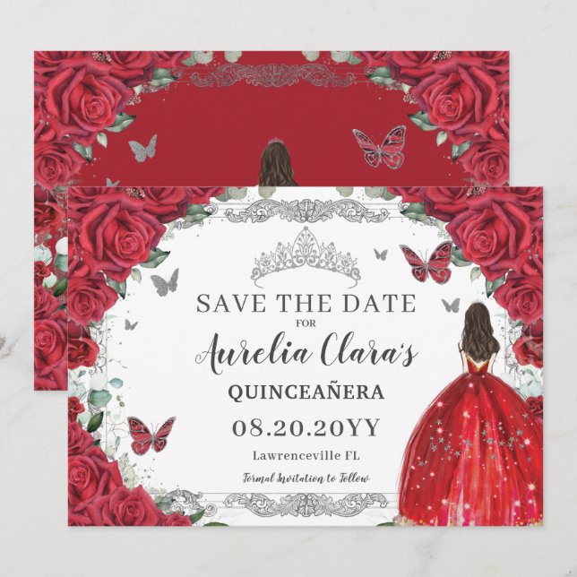 Red Roses Floral Dress Quinceanera Sweet Sixteen Save The Date (Front/Back)