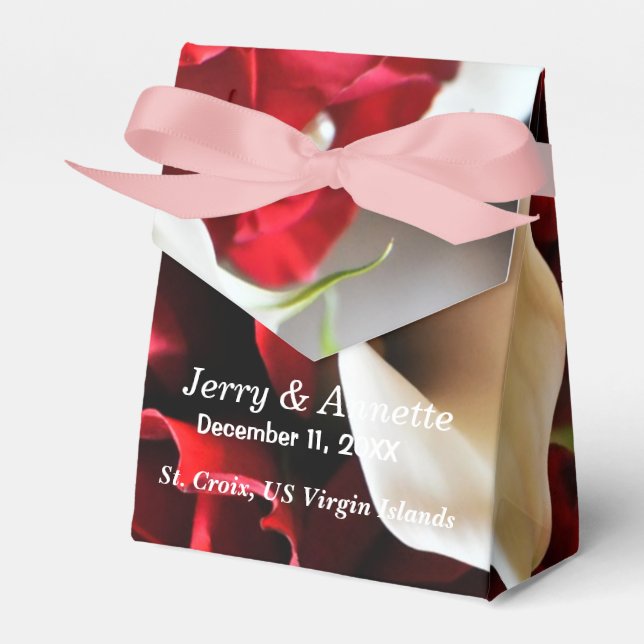 Red Roses Floral Elegant Flower Gold Balls Wedding Favour Box (Front Side)