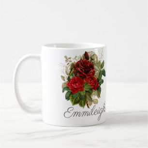 Red Roses Floral Elegant Vintage Name Coffee Mug