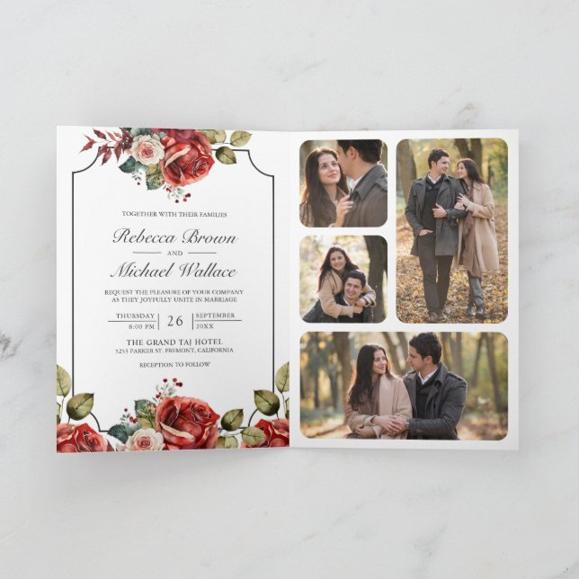 Red Roses Floral Frame Photo QR Code Wedding Invitation (Inside)