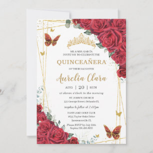 Red Roses Floral Gold Butterflies Quinceanera 15 Invitation