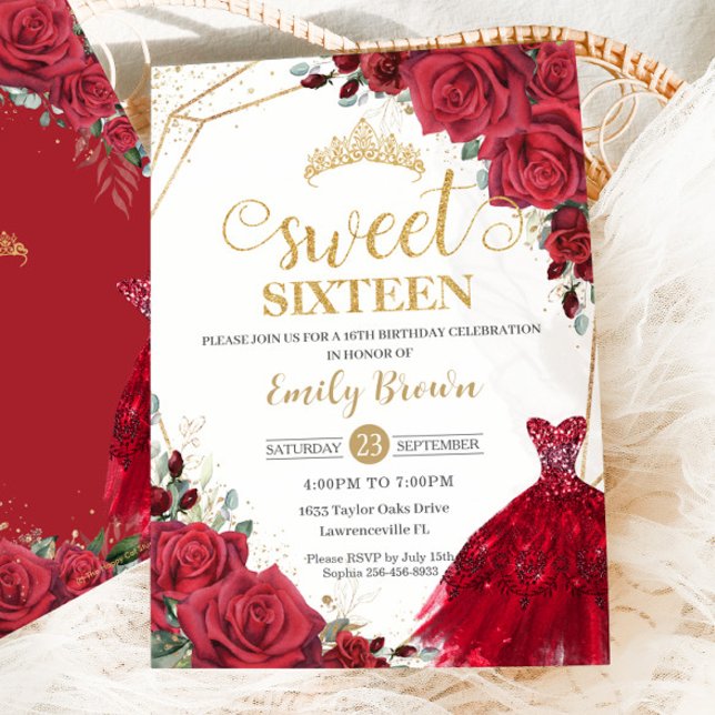 Red Roses Floral Gold Princess Dress Sweet 16 Invitation (Creator Uploaded)