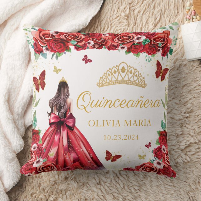 Red Roses Floral Gold Princess Tiara Quinceanera Cushion (Blanket)