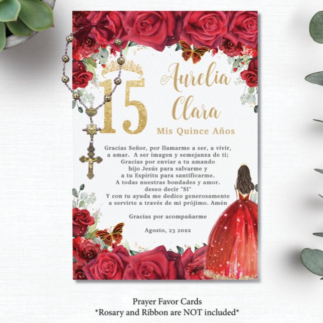 Red Roses Floral Gold Quinceañera 15 Prayer Card (Creator Uploaded)
