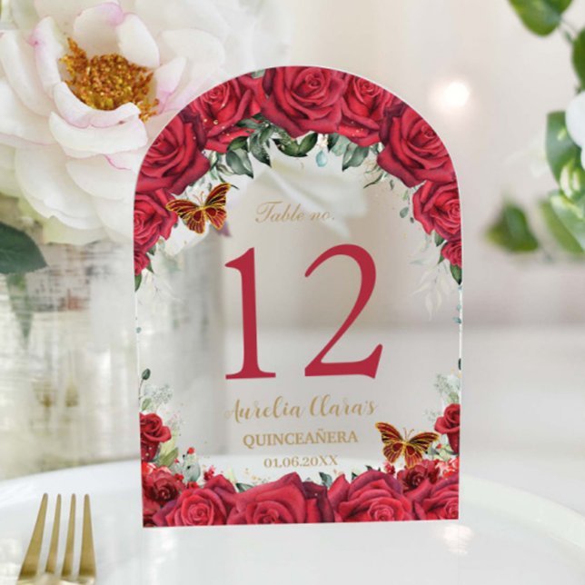 Red Roses Floral Gold Quinceañera 16 Table Number (Creator Uploaded)