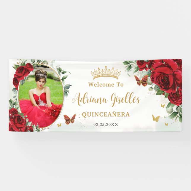 Red Roses Floral Gold Quinceañera Photo Backdrop Banner (Horizontal)