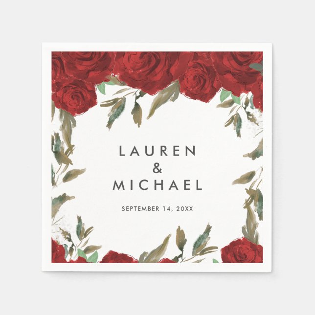 red roses floral greenery wedding napkins (Front)