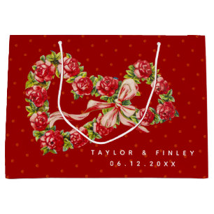 Red Roses Floral Heart Wreath Elegant Cute Vintage Large Gift Bag