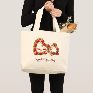 Red Roses Floral Heart Wreath Elegant Cute Vintage Large Tote Bag