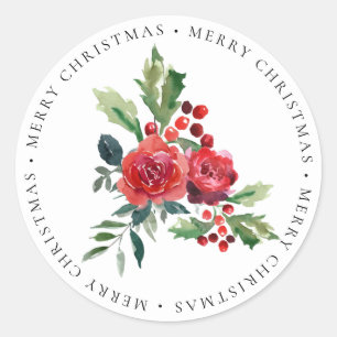 Red Roses Floral Holly Merry Christmas Classic Round Sticker