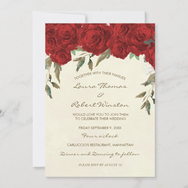 Red roses floral ivory wedding invitation (Front)