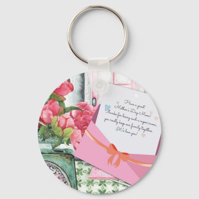 Red Roses Floral Letter Envelope Mother's Day Key Ring (Front)