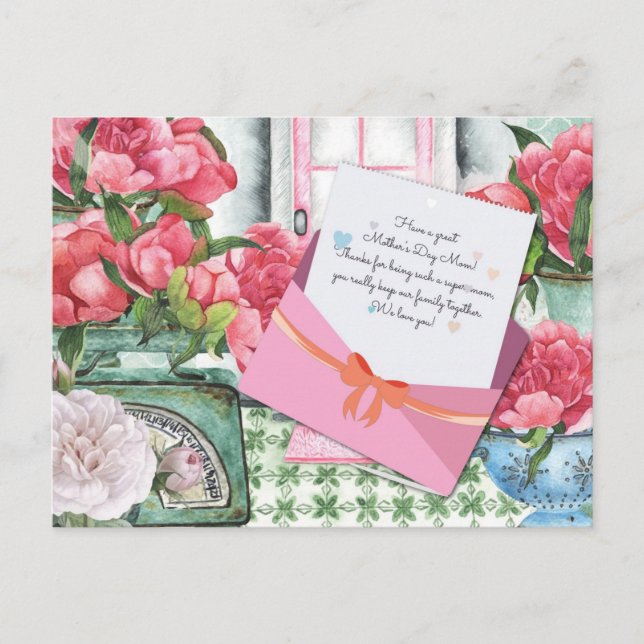 Red Roses Floral Letter Envelope Mother's Day Postcard (Front)