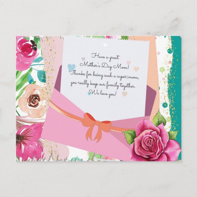 Red Roses Floral Letter Envelope Mother's Day Postcard (Front)