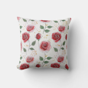 Red Roses Floral Line Art Pattern Cushion
