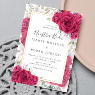 Red Roses Floral Nuestra Boda Spanish Wedding Invitation