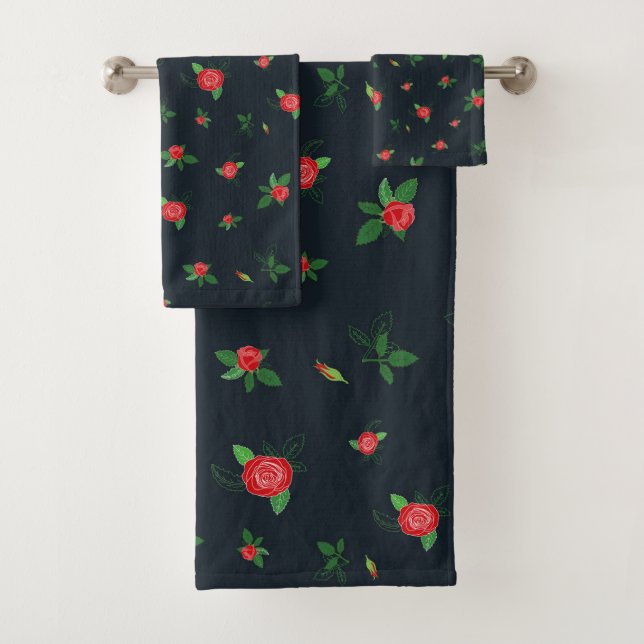  Red Roses Floral Pattern Black Elegant Bath Towel (Insitu)