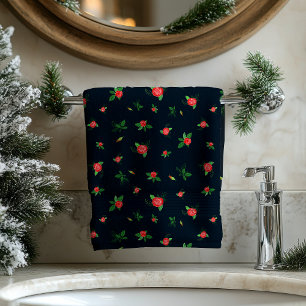 Red Roses Floral Pattern Black Elegant Bath Towel