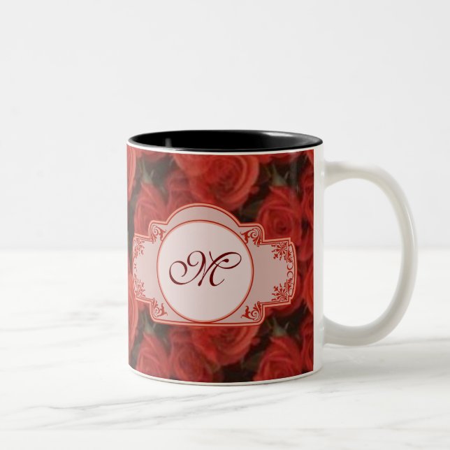 Red roses floral pattern customisable with initial Two-Tone coffee mug (Right)