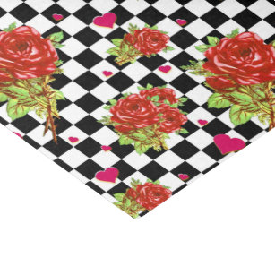 Red Roses floral pattern on black and white Checks Tissue Paper
