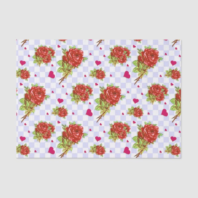 Red Roses floral pattern on lilac blue Checks Tissue Paper (Front)