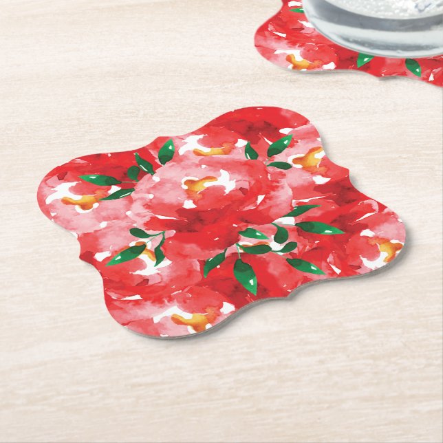 Red Roses Floral Pattern Paper Coaster (Angled)