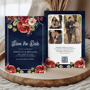 Red Roses Floral Photo QR Code Navy Blue Wedding Save The Date