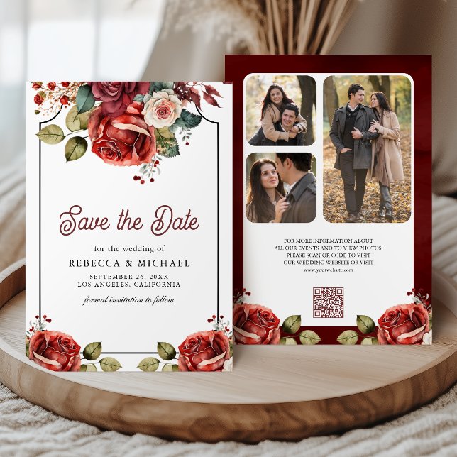 Red Roses Floral Photo QR Code Wedding Save The Date (Creator Uploaded)