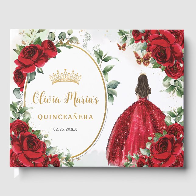 Red Roses Floral Princess Dress Gold Quinceanera Guest Book (Front)