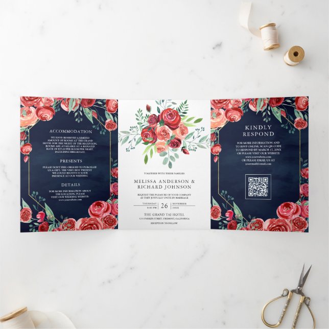 Red Roses Floral QR Code Navy Blue Wedding Tri-Fold Invitation (Inside)