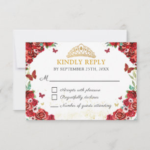 Red Roses Floral Quinceañera Butterflies RSVP Card