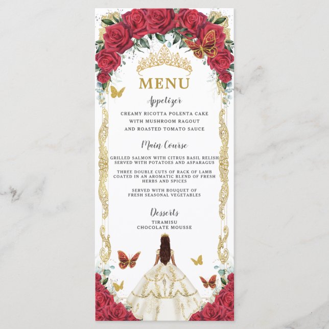 Red Roses Floral Quinceañera White Dress Menu (Front)