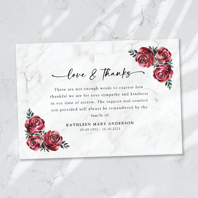 Red Roses Floral Script Funeral Thank You Card (Creator Uploaded)