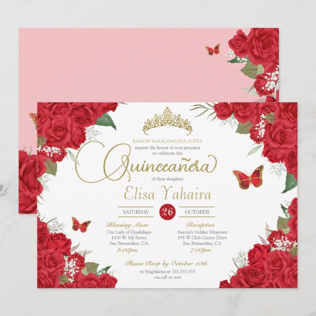 Red Roses Floral Tiara Butterfly Quinceanera Invitation (Front/Back)