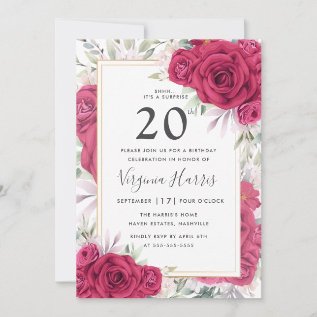 Red Roses Floral Twenty 20th Birthday Invitation (Front)