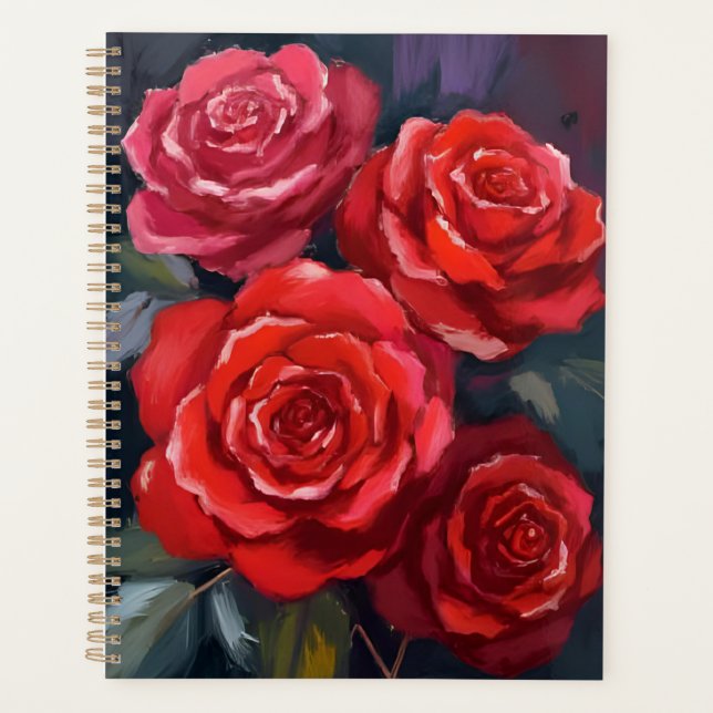 Red Roses Floral Watercolor Painted Flowers Planner (Front)