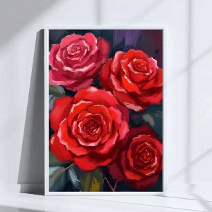 Red Roses Floral Watercolor Painted Flowers Poster