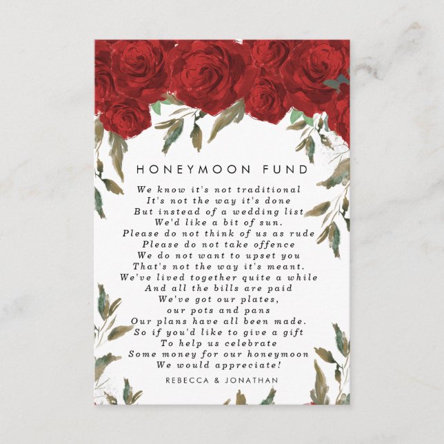 red roses floral wedding honeymoon fund card (Front)