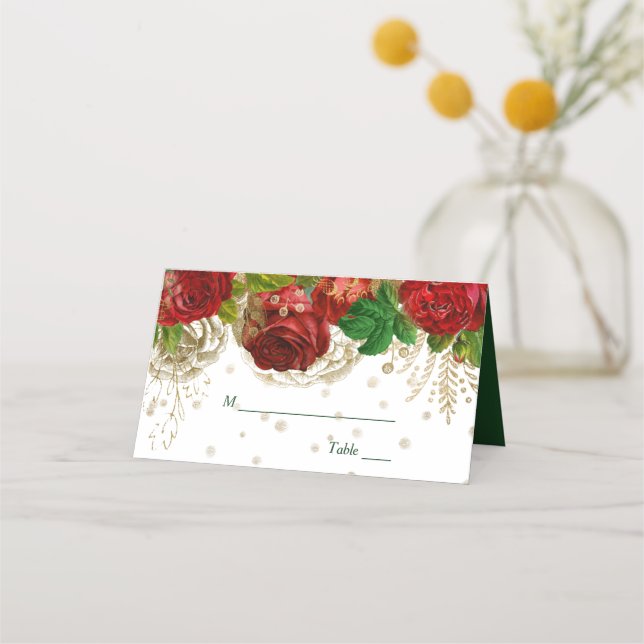 Red Roses Floral Wedding Place Card (Front)