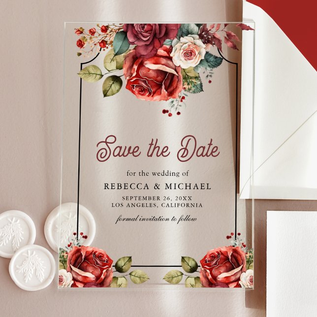 Red Roses Floral Wedding Save the Date Acrylic Invitations (Creator Uploaded)