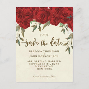 red roses floral wedding save the date postcard