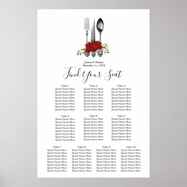 red roses floral wedding seating chart plan (Front)