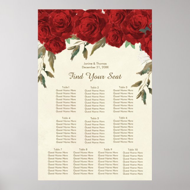 red roses floral wedding seating chart plan (Front)