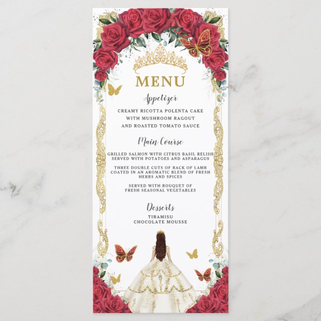 Red Roses Floral White Dress Quinceañera XV Menu (Front)